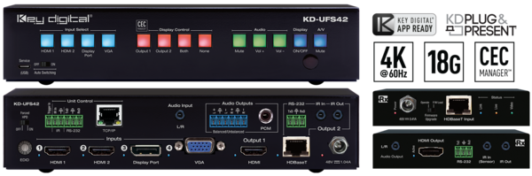 4K 18G (40M) UNIVERSAL FORMAT SWITCHER WITH 4 INPUTS (2X HDMI, DP, VGA), HDMI AND HDBASET MIRRORED
